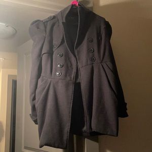 Grey, pea coat with flared/detailed shoulder pads
